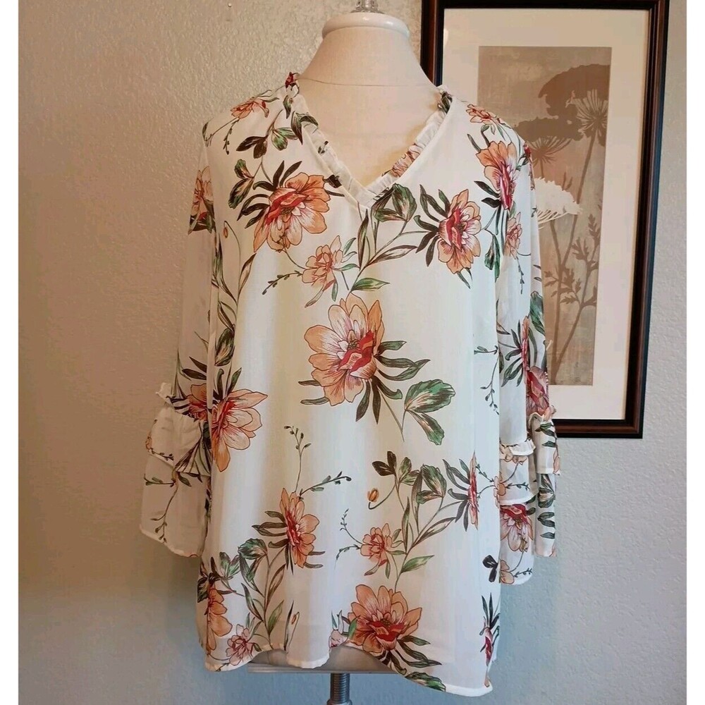 Daniel Rainn Size PXL Popover Top Blouse Floral Sheer 3/4 Length Bell Sleeves